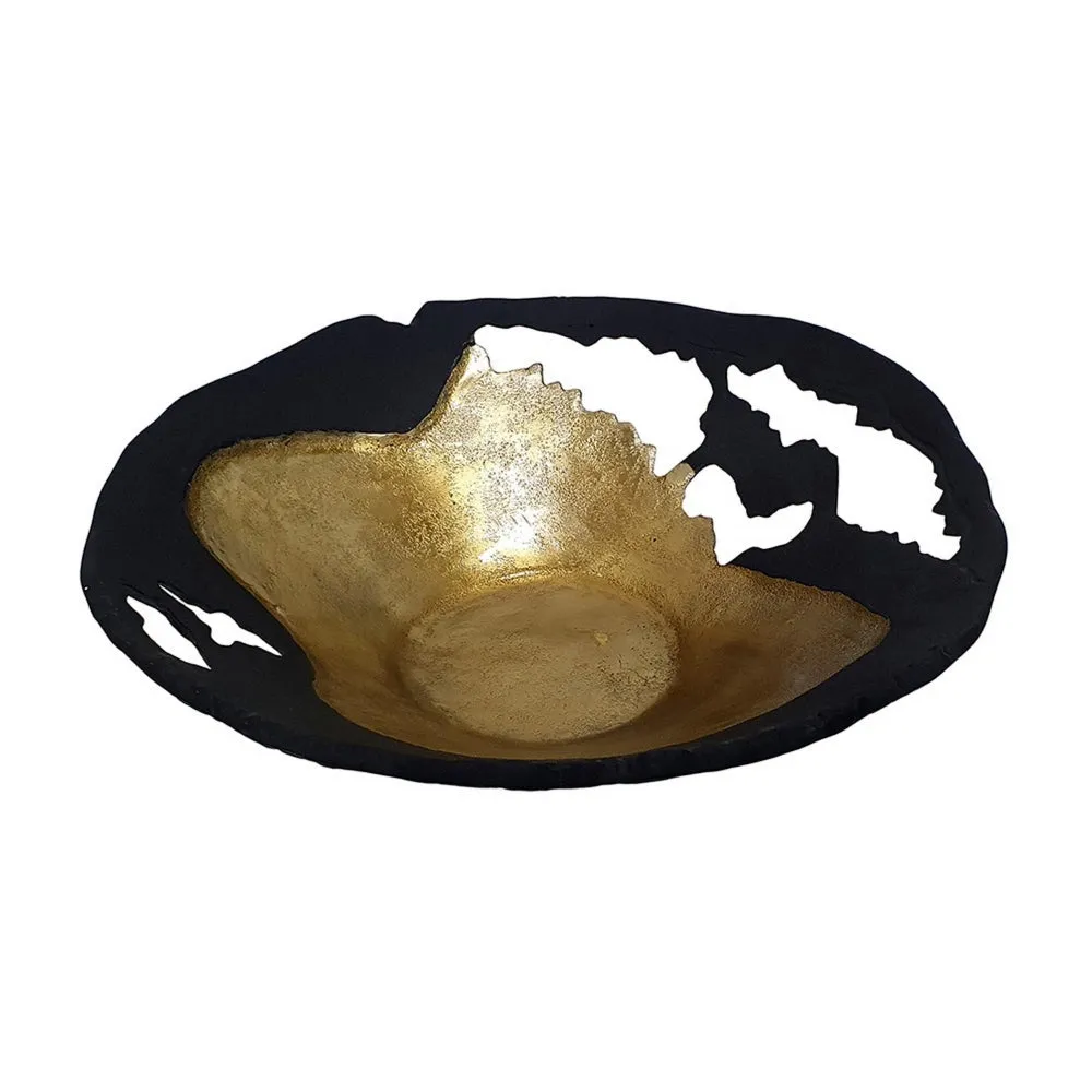 18 Inch Elegant Decorative Bowl, Aluminum, Cutwork Design, Gold, Black By Casagear Home