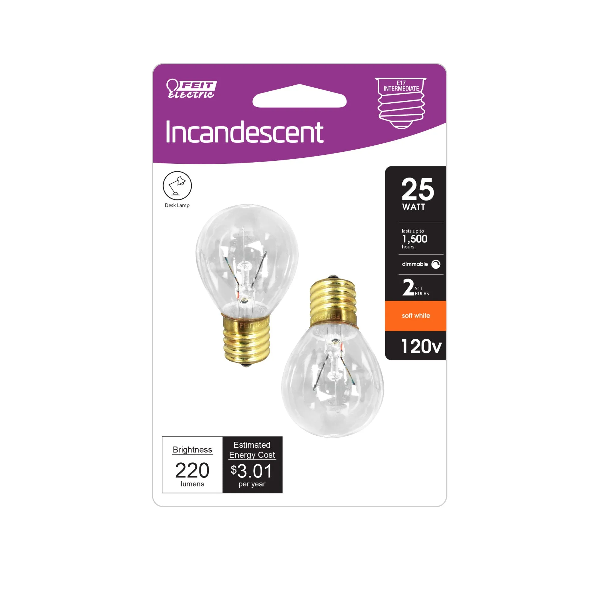 25W Soft White (2700K) S11 E17 Base High Intensity Incandescent Light Bulb (2-Pack)