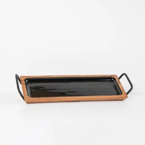 Acacia Wooden Serving Tray with Handles - Black Enamel