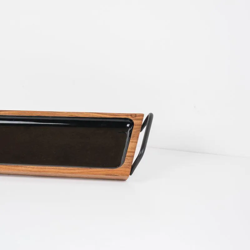 Acacia Wooden Serving Tray with Handles - Black Enamel