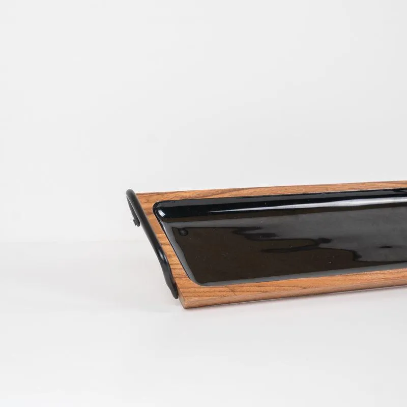 Acacia Wooden Serving Tray with Handles - Black Enamel