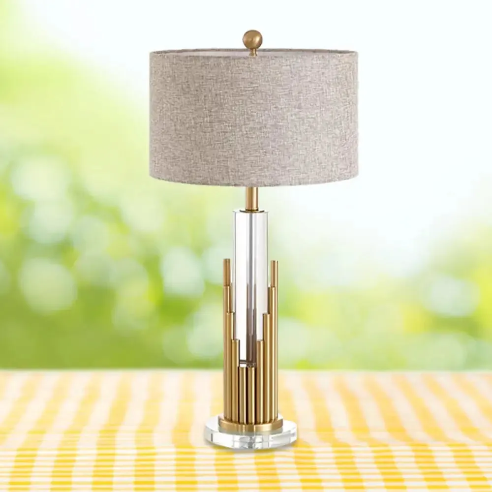 Ankaa - Modernist Round Shade Fabric Night Light Modernist 1 Head Flaxen Table Lamp with Gold Fluted Base