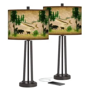 Bear Lodge Bronze USB Table Lamp Set