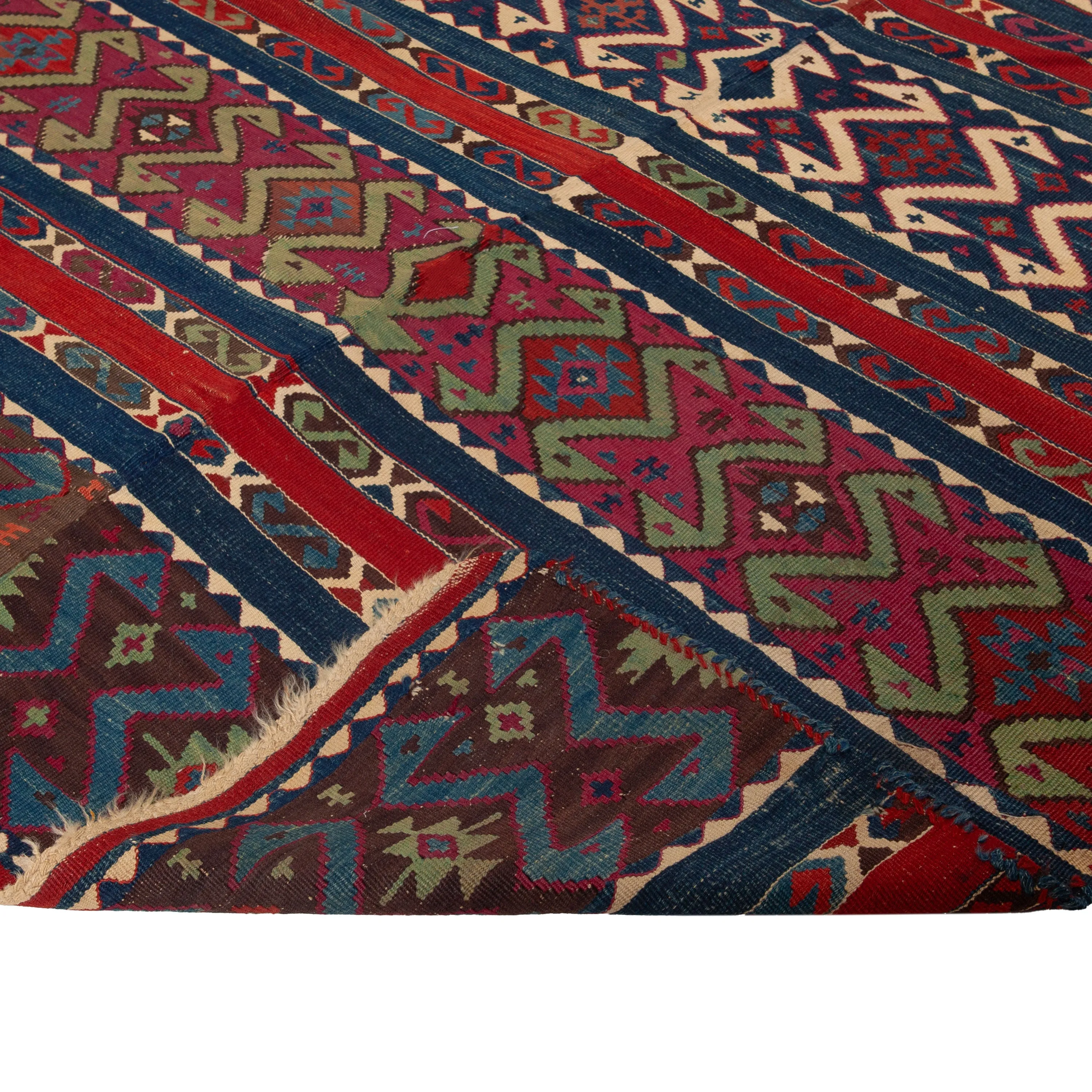 Blue & Red Vintage Turkish Kilim Rug - 4'9" x 10'10"