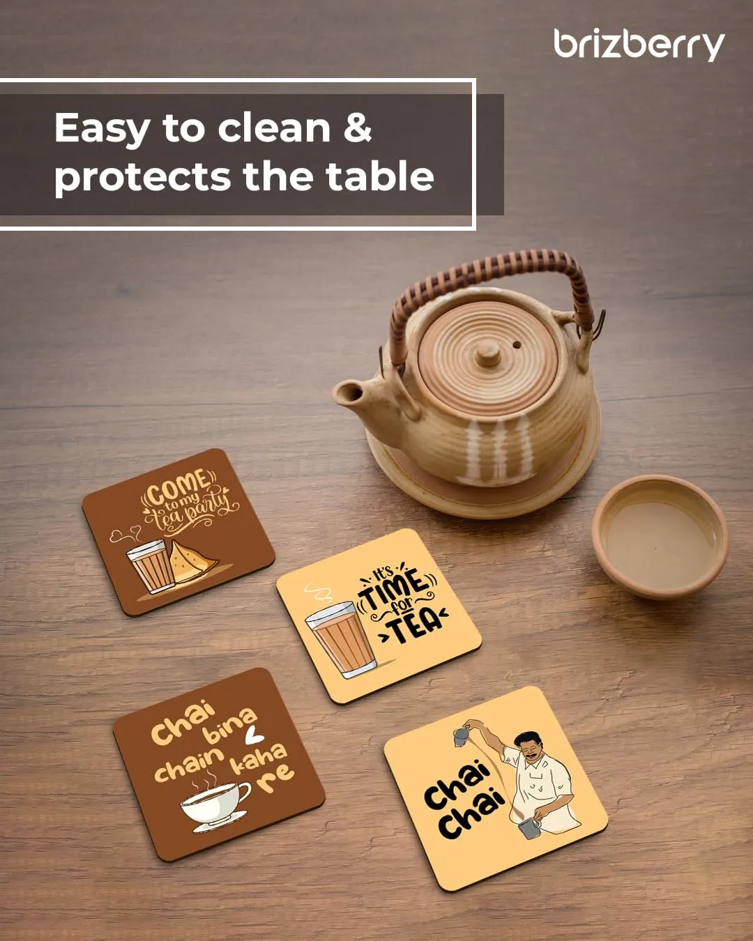 Brizberry® Brizcoast Premium Designer Chai Quotes Printed Beautiful Wooden Coasters Fit for Tea Cups, Coffee Mugs and Glasses (3.5X3.5 Inch) Square 2 (Set of 4)