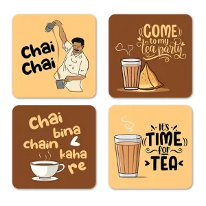 Brizberry® Brizcoast Premium Designer Chai Quotes Printed Beautiful Wooden Coasters Fit for Tea Cups, Coffee Mugs and Glasses (3.5X3.5 Inch) Square 2 (Set of 4)