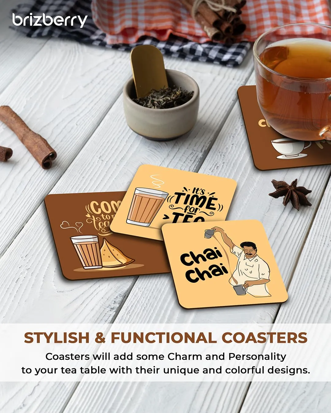 Brizberry® Brizcoast Premium Designer Chai Quotes Printed Beautiful Wooden Coasters Fit for Tea Cups, Coffee Mugs and Glasses (3.5X3.5 Inch) Square 2 (Set of 4)