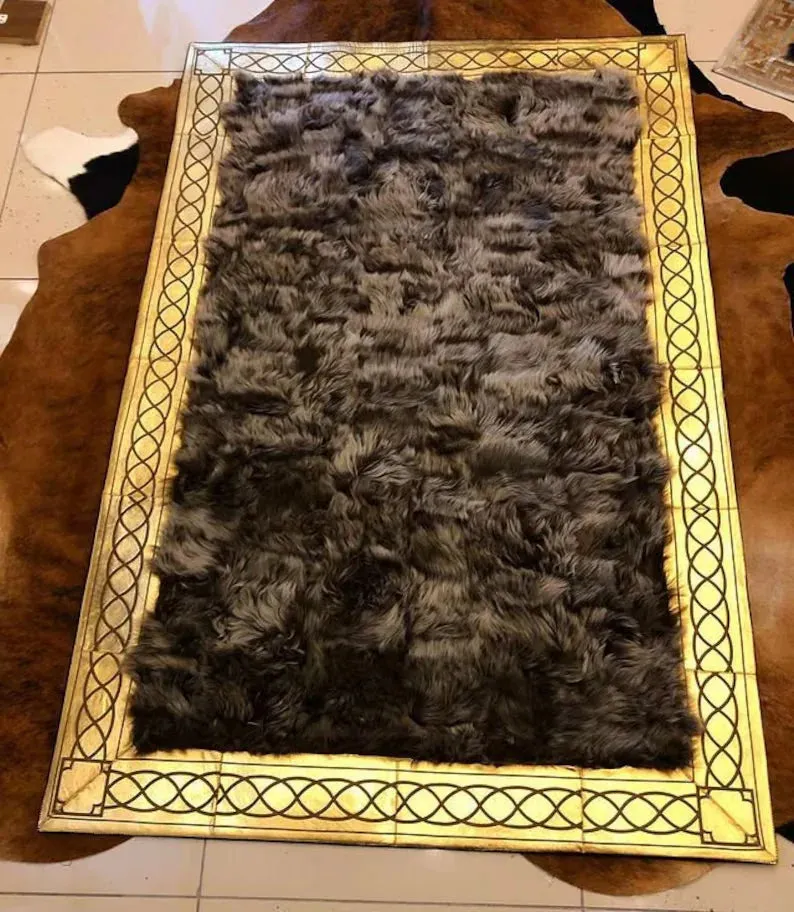 Brown Gold Genuine Sheep Leather Handmade Area Rug, Sheepskin Living Room Rug