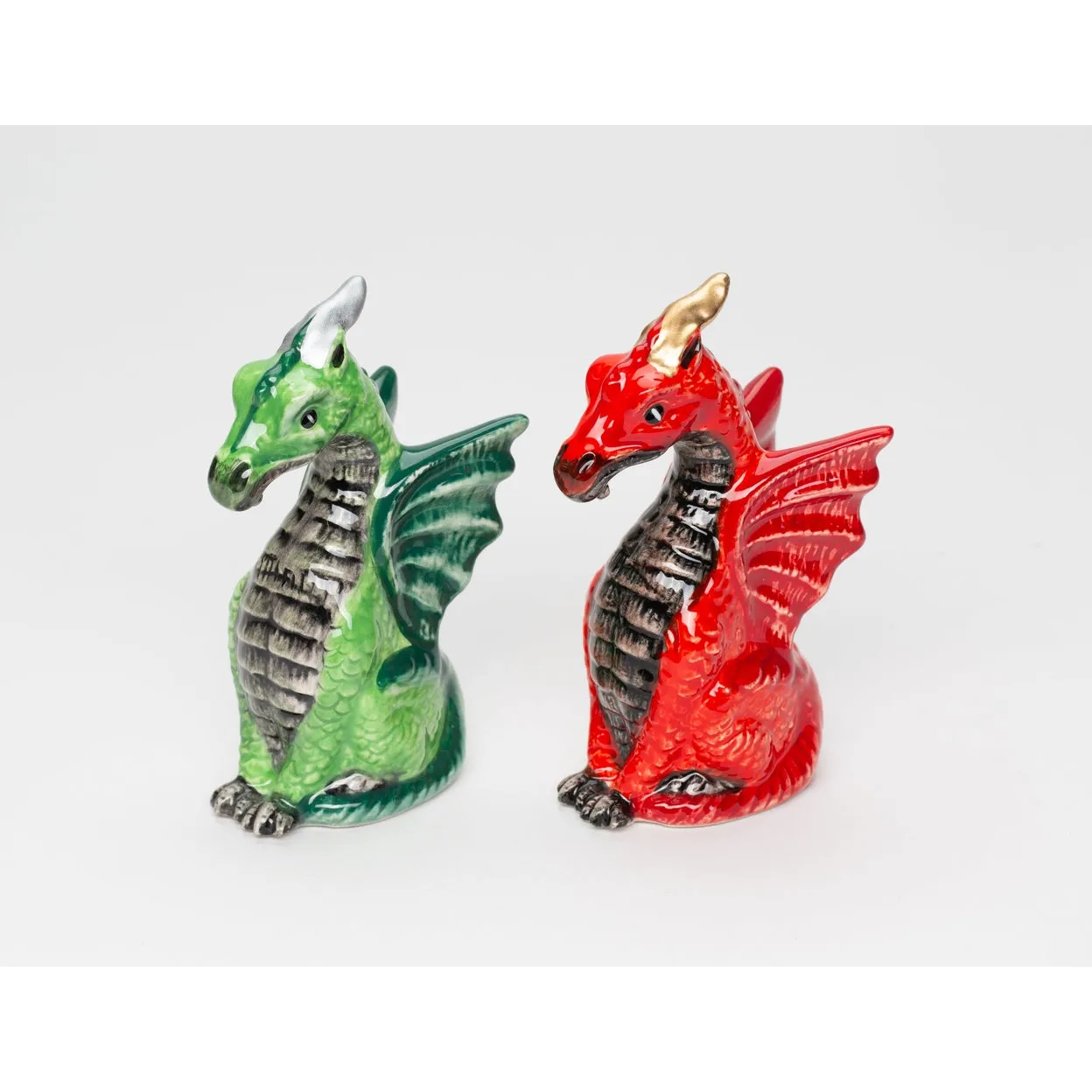 Ceramic Dragon Salt and Pepper Shakers Red Green 4" Gift