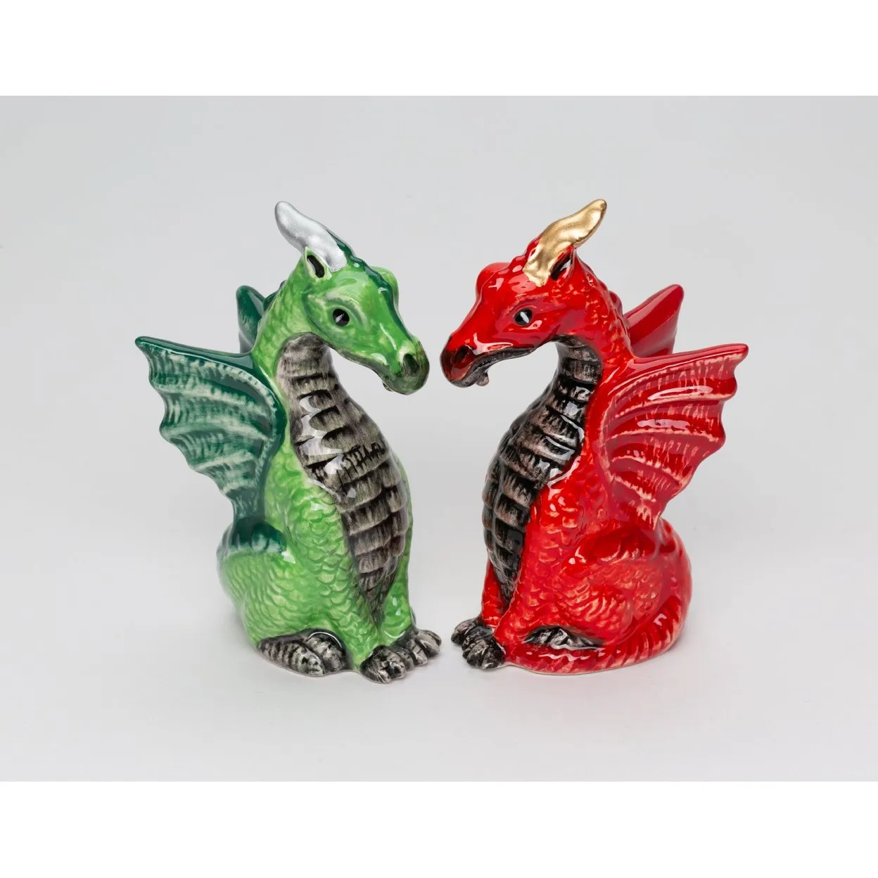 Ceramic Dragon Salt and Pepper Shakers Red Green 4" Gift