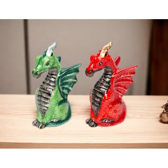 Ceramic Dragon Salt and Pepper Shakers Red Green 4" Gift