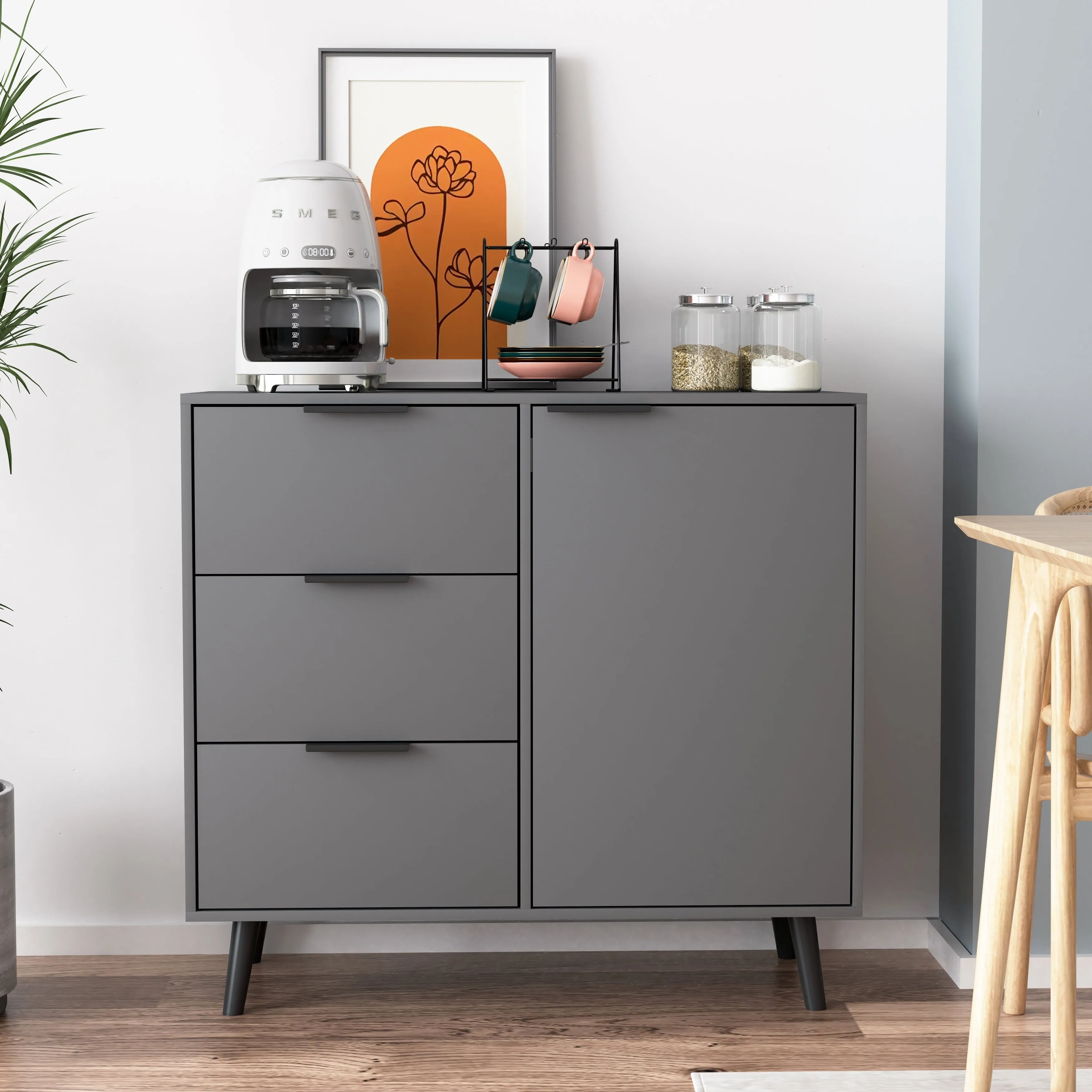 classic Mid Century Sideboard Buffet with 3 Drawers,2Door Accent Cabinet for Entryway,Natural,29"H