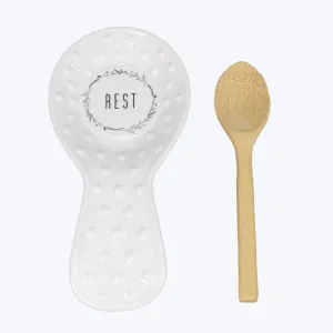 Cottage Core Ceramic Spoon Rest with Bamboo Spoon