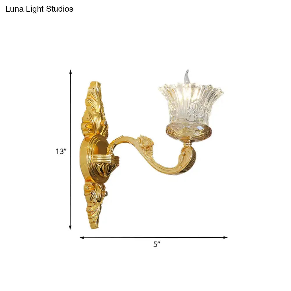 Crystal Glass Sconce: Single Bulb Gold Flower Wall Light with Swooping Arm