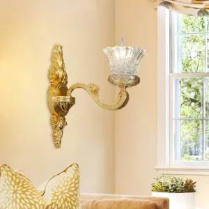 Crystal Glass Sconce: Single Bulb Gold Flower Wall Light with Swooping Arm