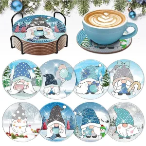 DIY Christmas  Diamond Art Coasters, 8 Piece Set With Holder, Winter Gnome Designs