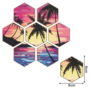 DIY Diamond Art Coasters, 7 Piece Set With Holder, Palm Trees Honeycomb Design