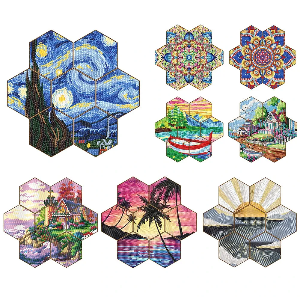 DIY Diamond Art Coasters, 7 Piece Set With Holder, Palm Trees Honeycomb Design