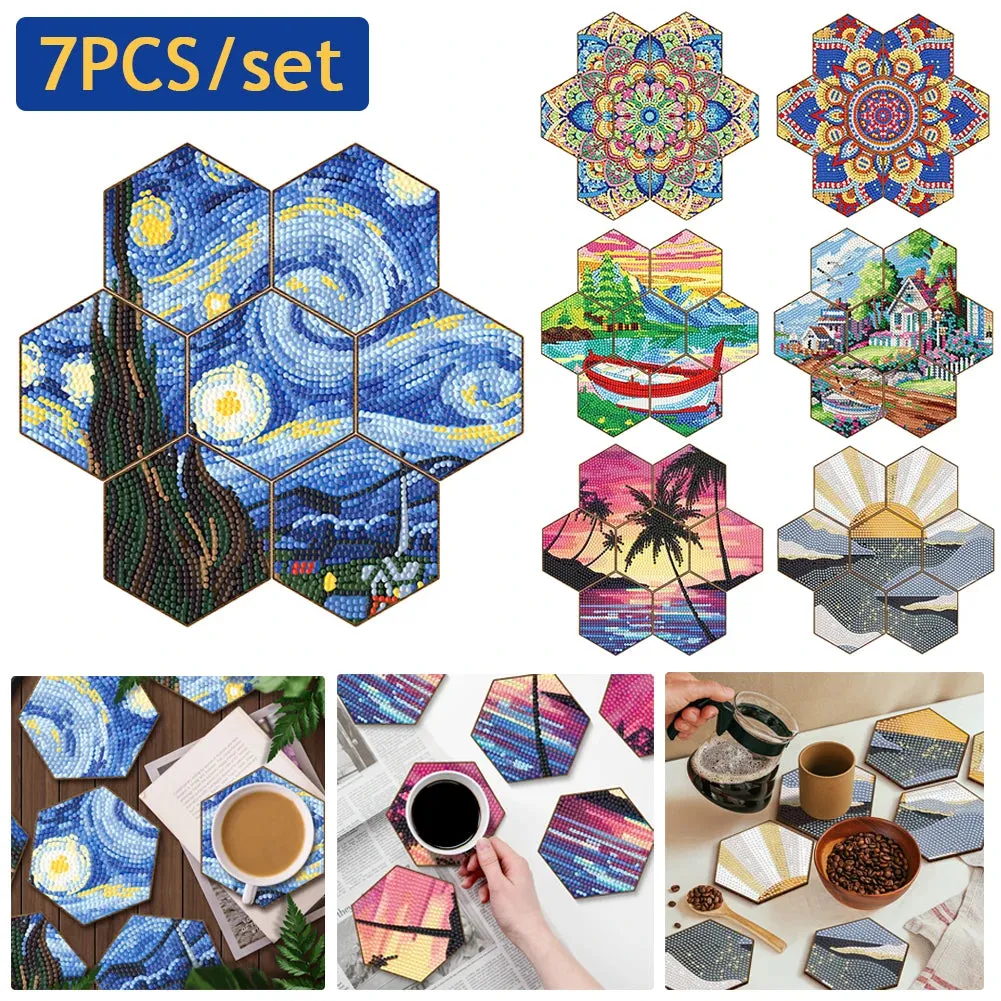 DIY Diamond Art Coasters, 7 Piece Set With Holder, Palm Trees Honeycomb Design