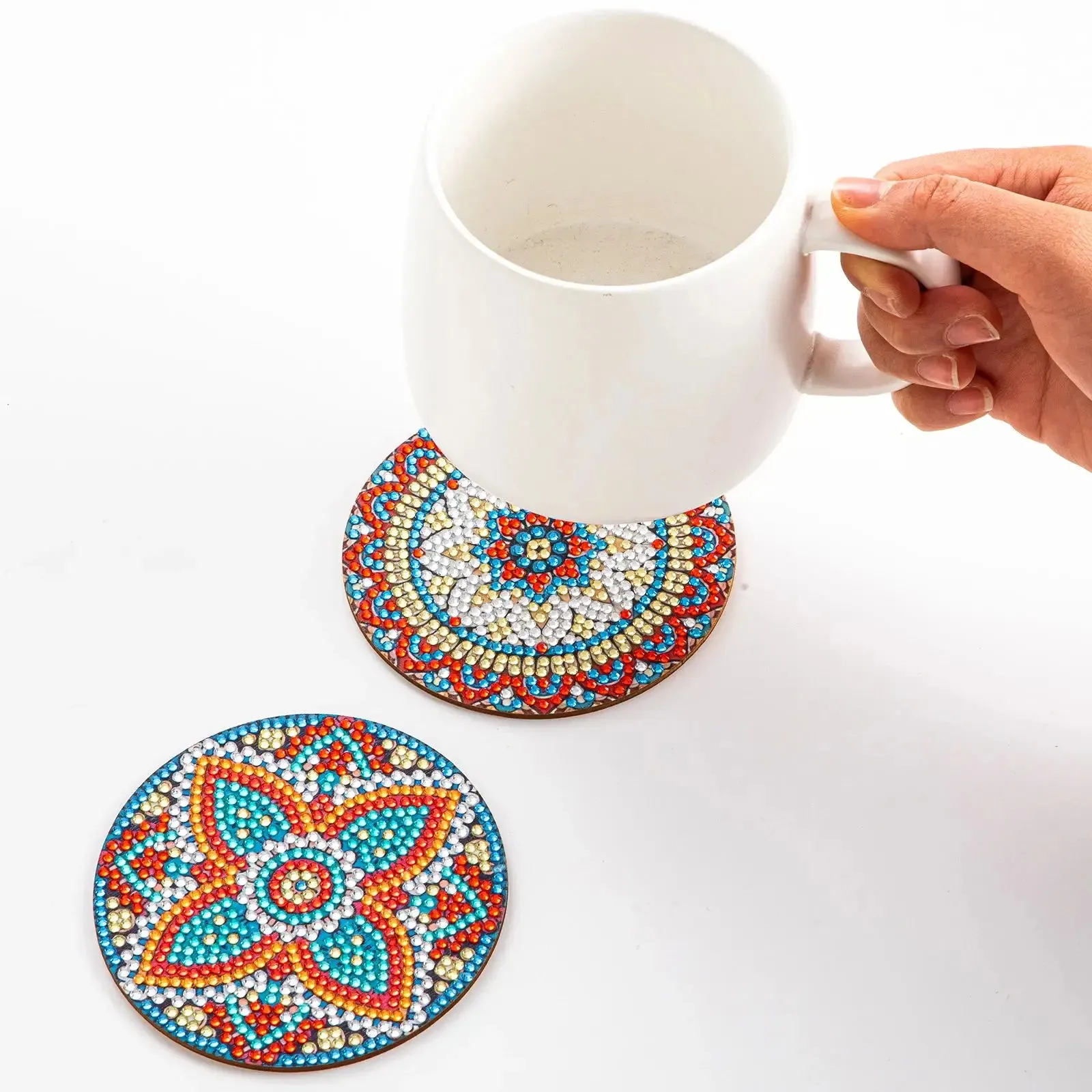 DIY Mandala Diamond Art Coasters, 8 Piece Set With Holder, Colorful Kaleidoscopes