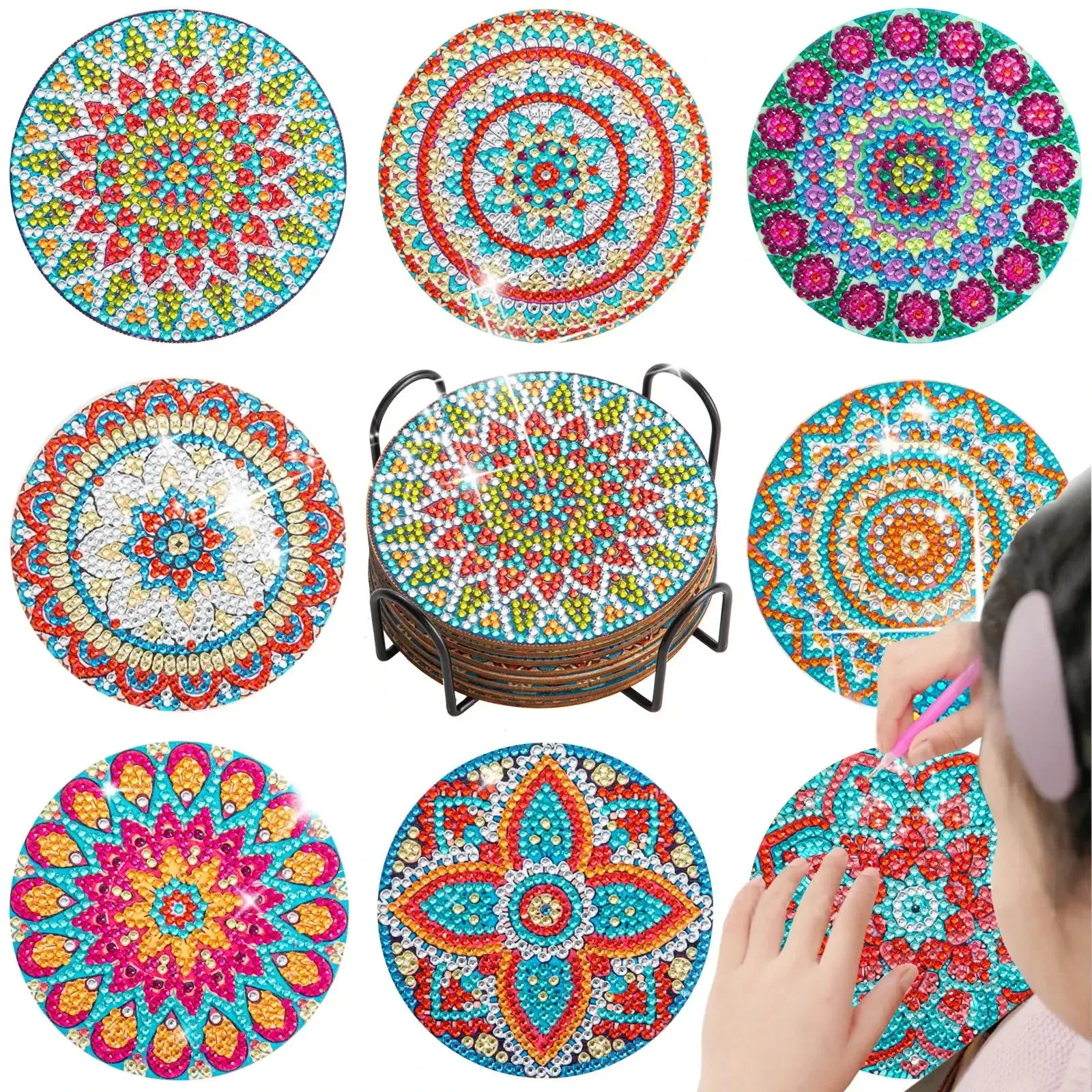 DIY Mandala Diamond Art Coasters, 8 Piece Set With Holder, Colorful Kaleidoscopes