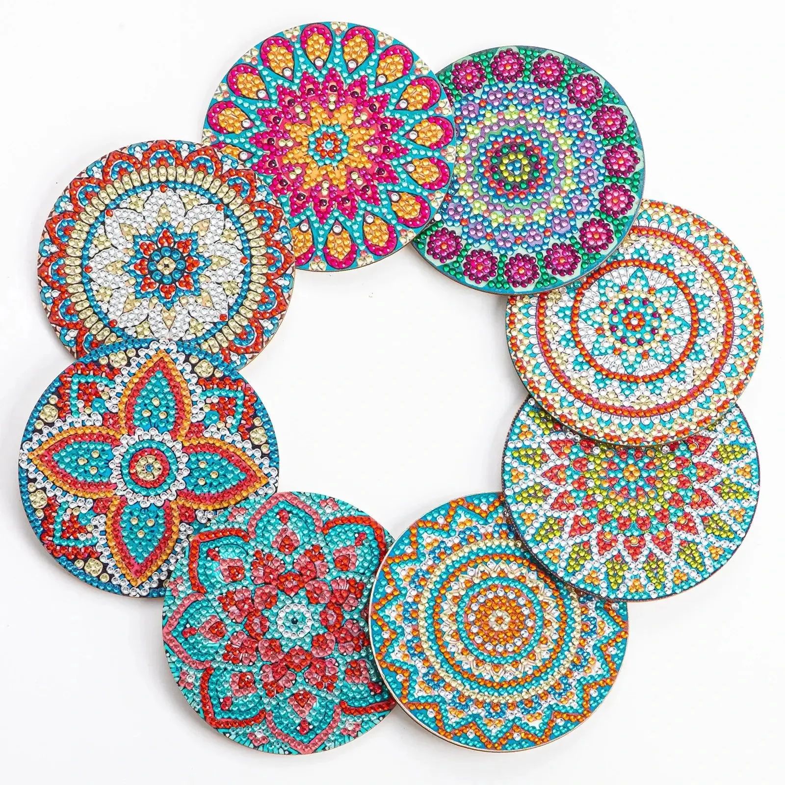 DIY Mandala Diamond Art Coasters, 8 Piece Set With Holder, Colorful Kaleidoscopes