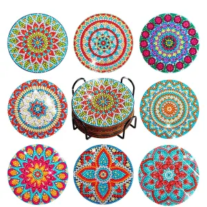 DIY Mandala Diamond Art Coasters, 8 Piece Set With Holder, Colorful Kaleidoscopes