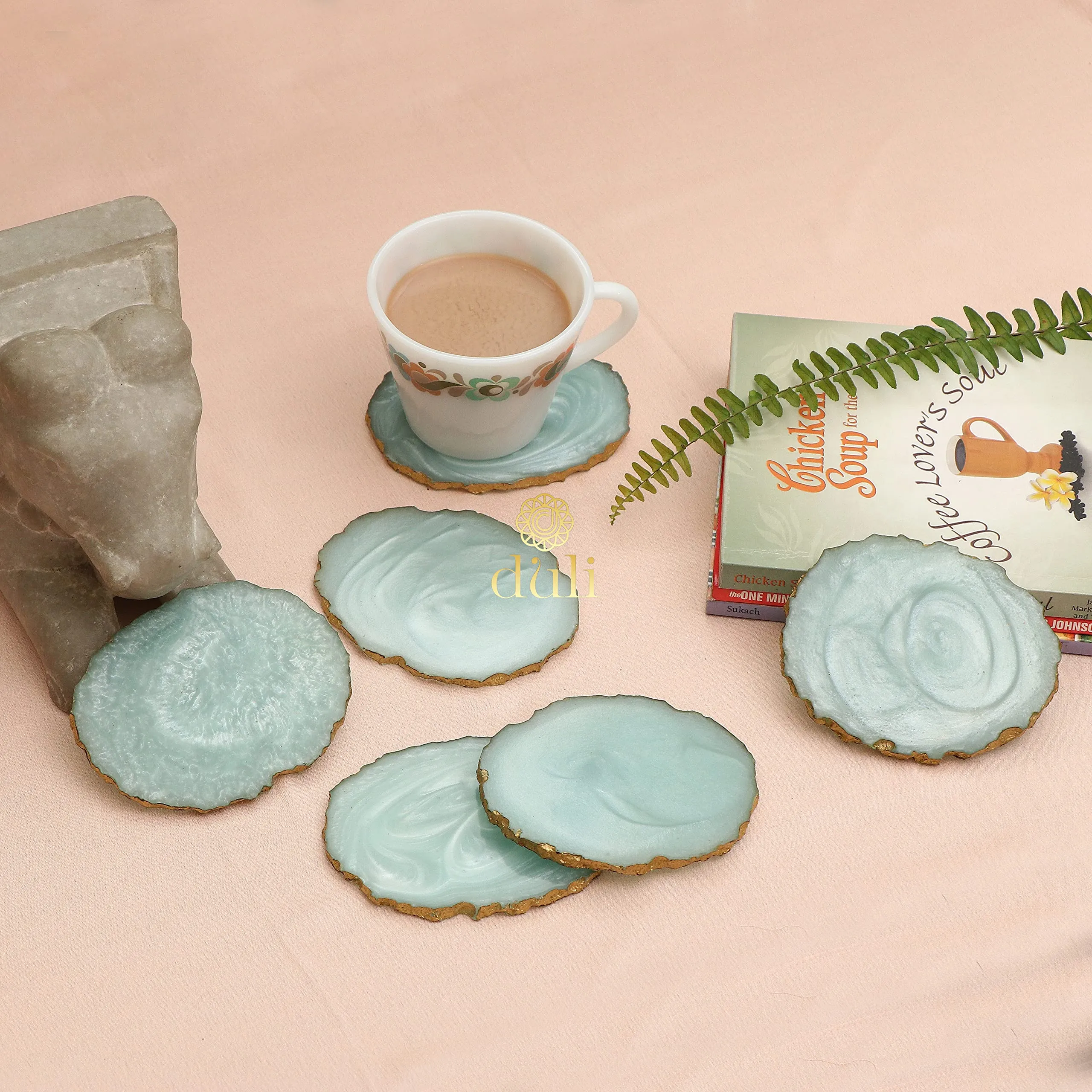 DULI Set of 6 Premium Resin Coasters Tea,Coffee Coasters (10 * 8 cm) (Aqua)