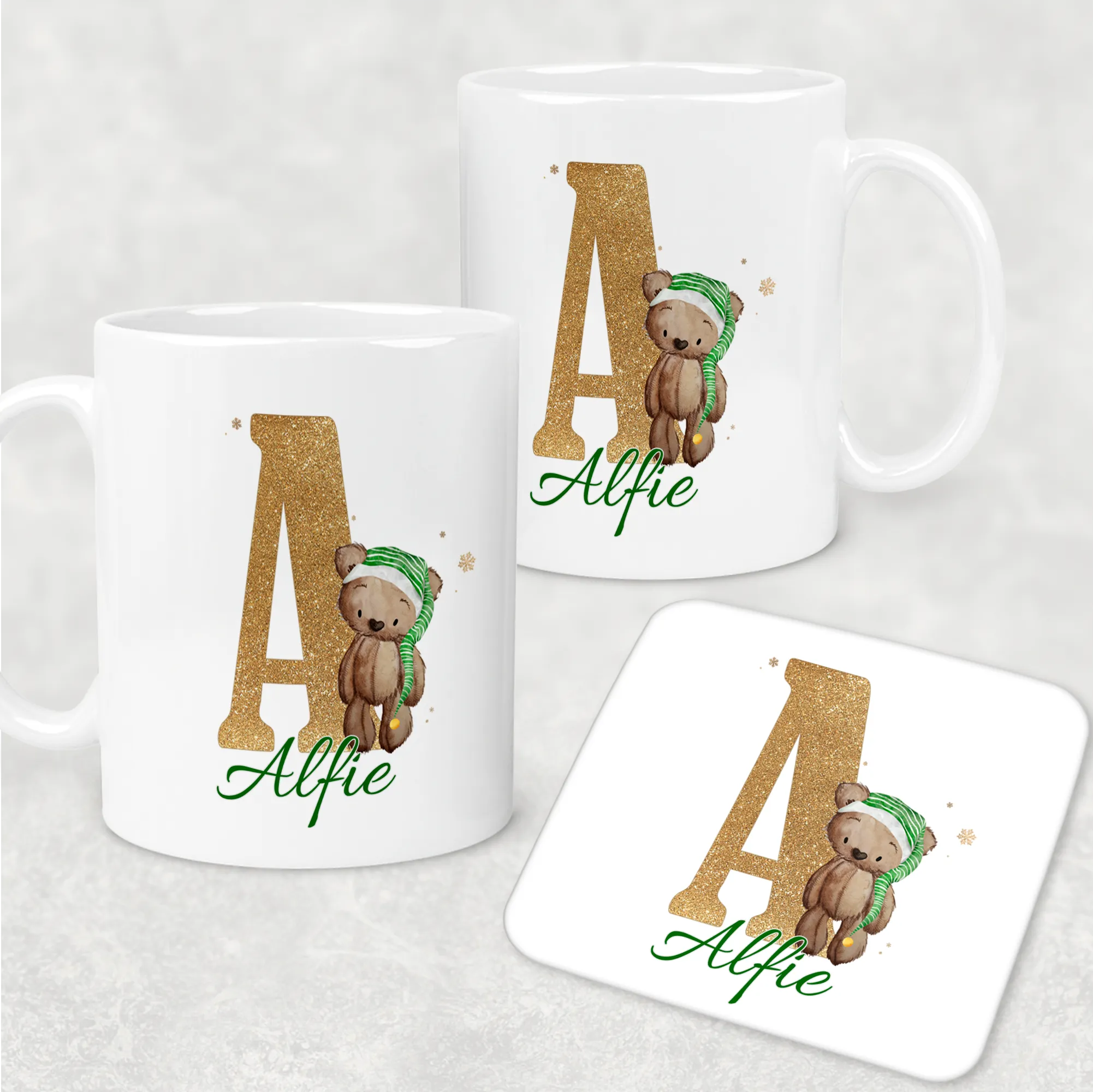 Elf Bear Alphabet Christmas Eve Mug and Coaster Set