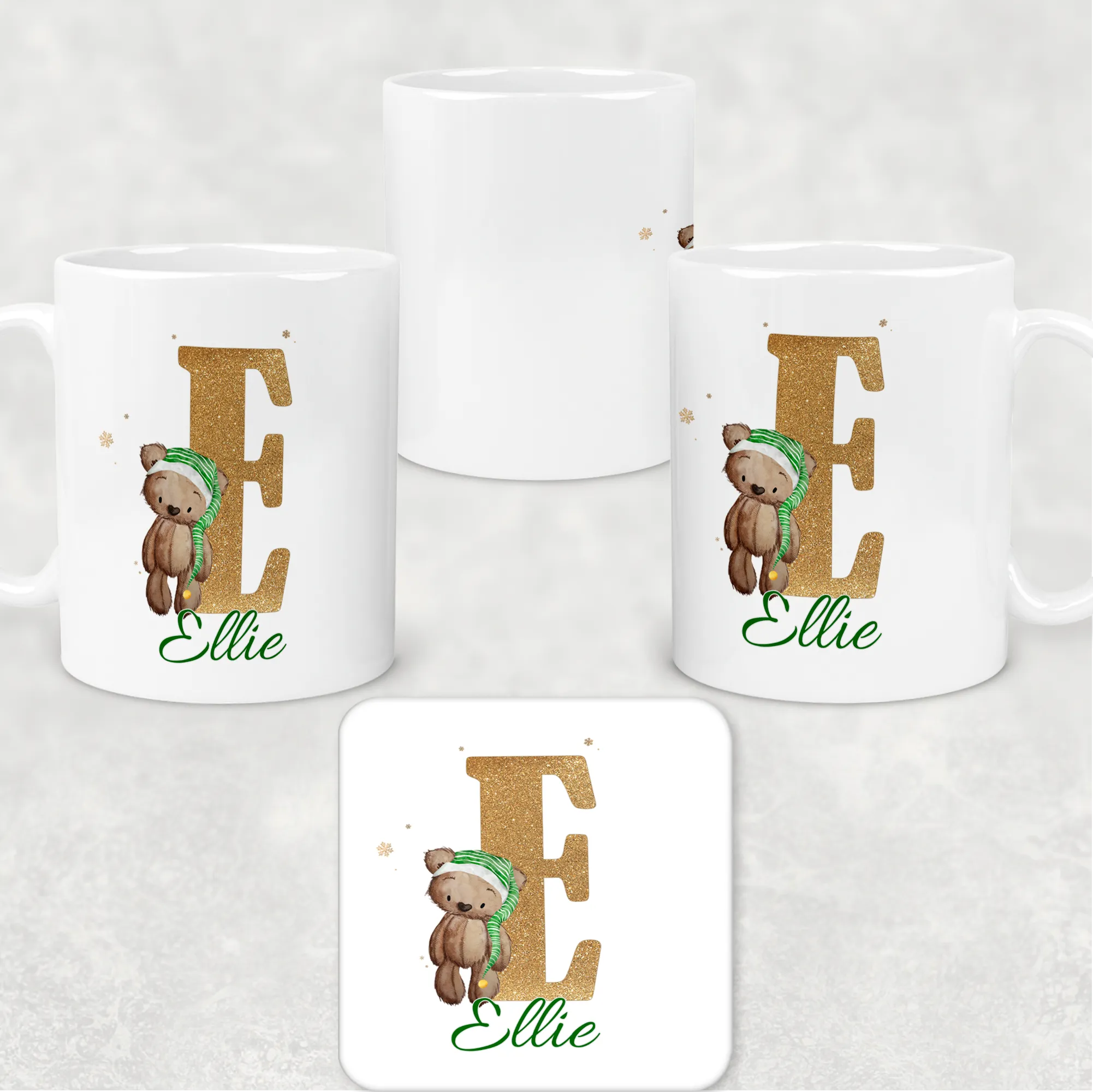 Elf Bear Alphabet Christmas Eve Mug and Coaster Set