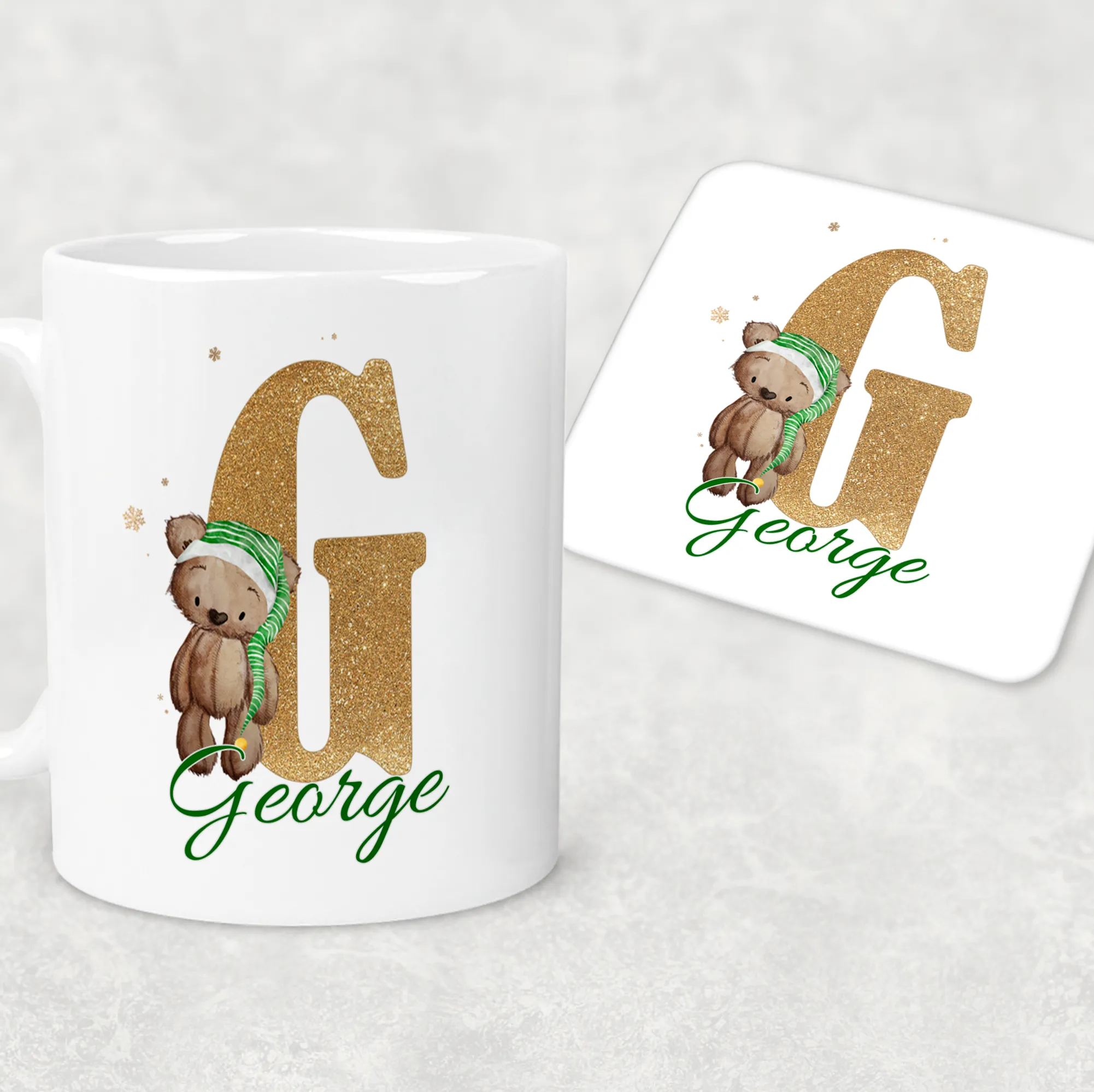 Elf Bear Alphabet Christmas Eve Mug and Coaster Set