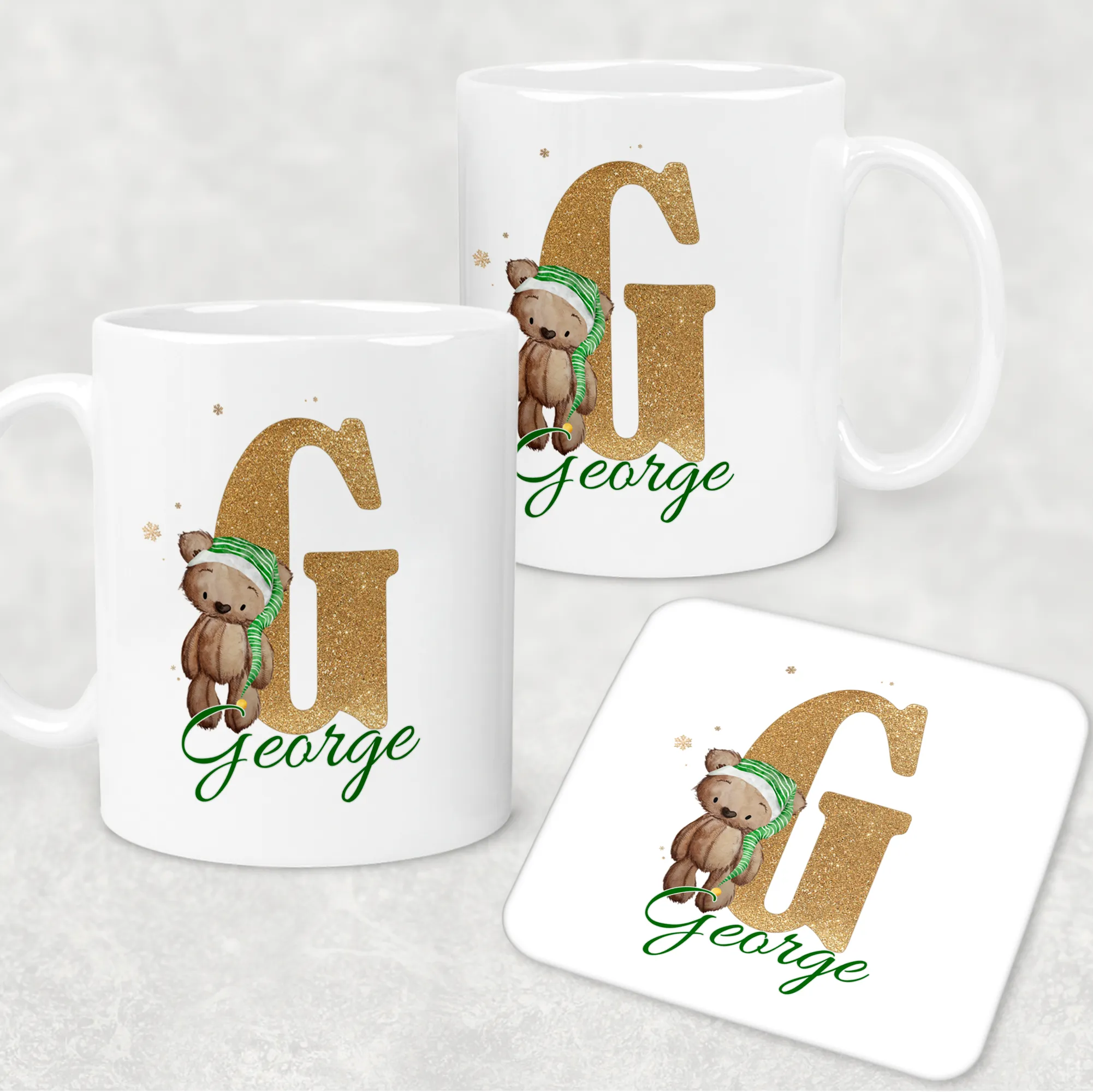 Elf Bear Alphabet Christmas Eve Mug and Coaster Set