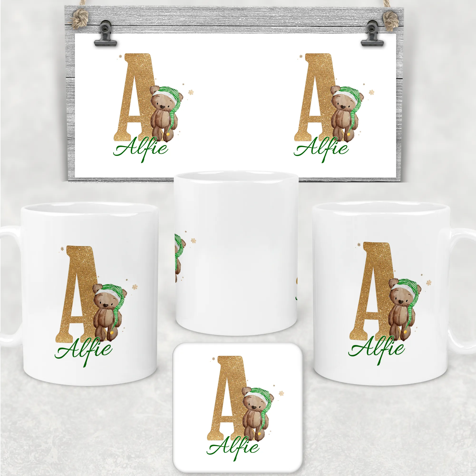 Elf Bear Alphabet Christmas Eve Mug and Coaster Set