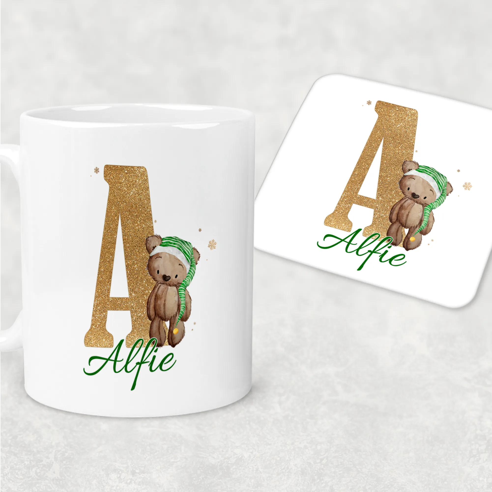 Elf Bear Alphabet Christmas Eve Mug and Coaster Set