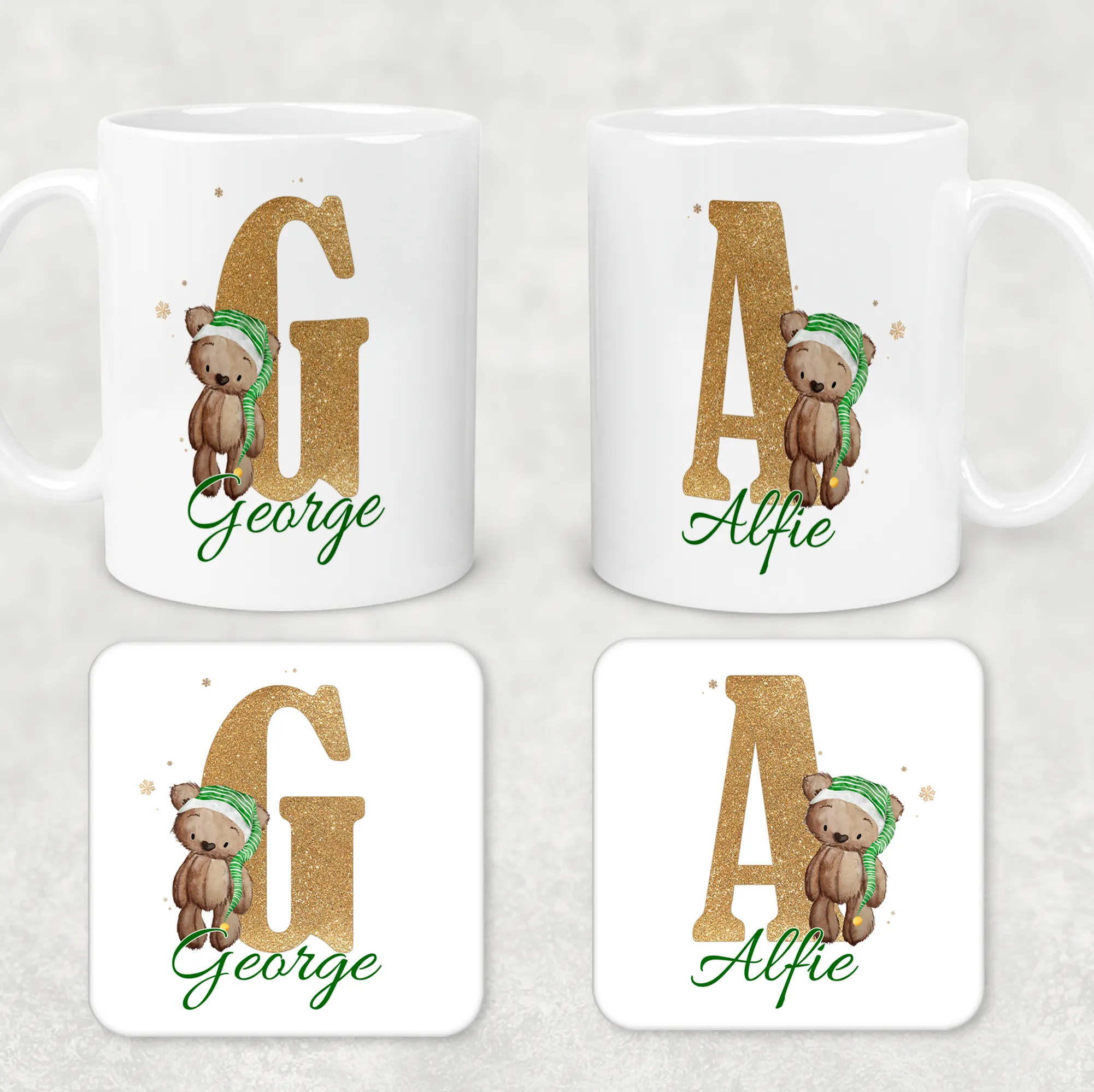 Elf Bear Alphabet Christmas Eve Mug and Coaster Set