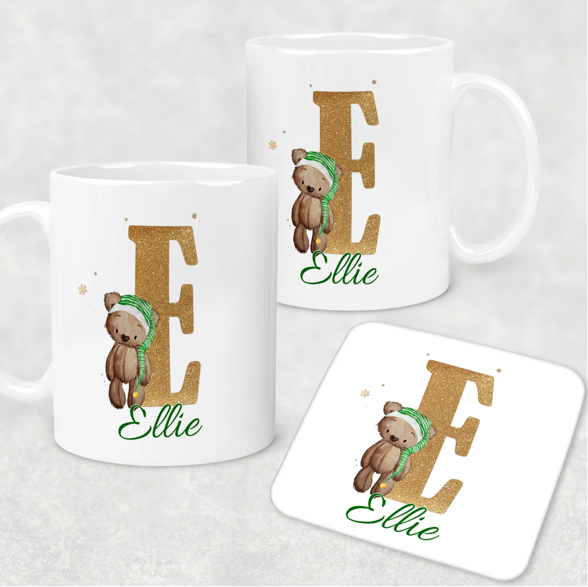 Elf Bear Alphabet Christmas Eve Mug and Coaster Set