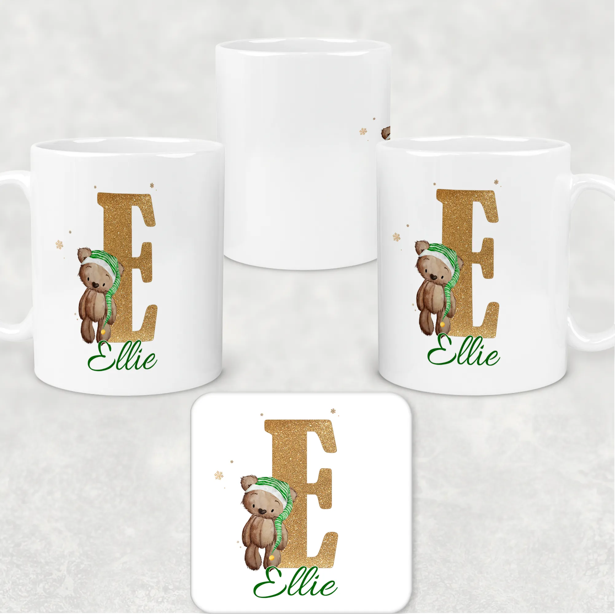 Elf Bear Alphabet Christmas Eve Mug and Coaster Set