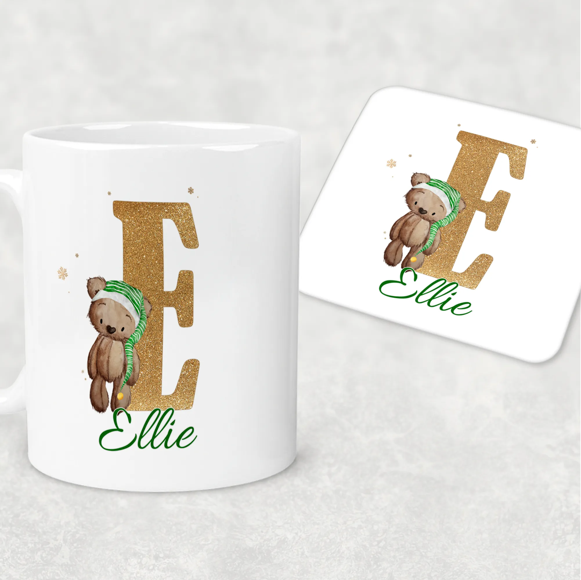 Elf Bear Alphabet Christmas Eve Mug and Coaster Set