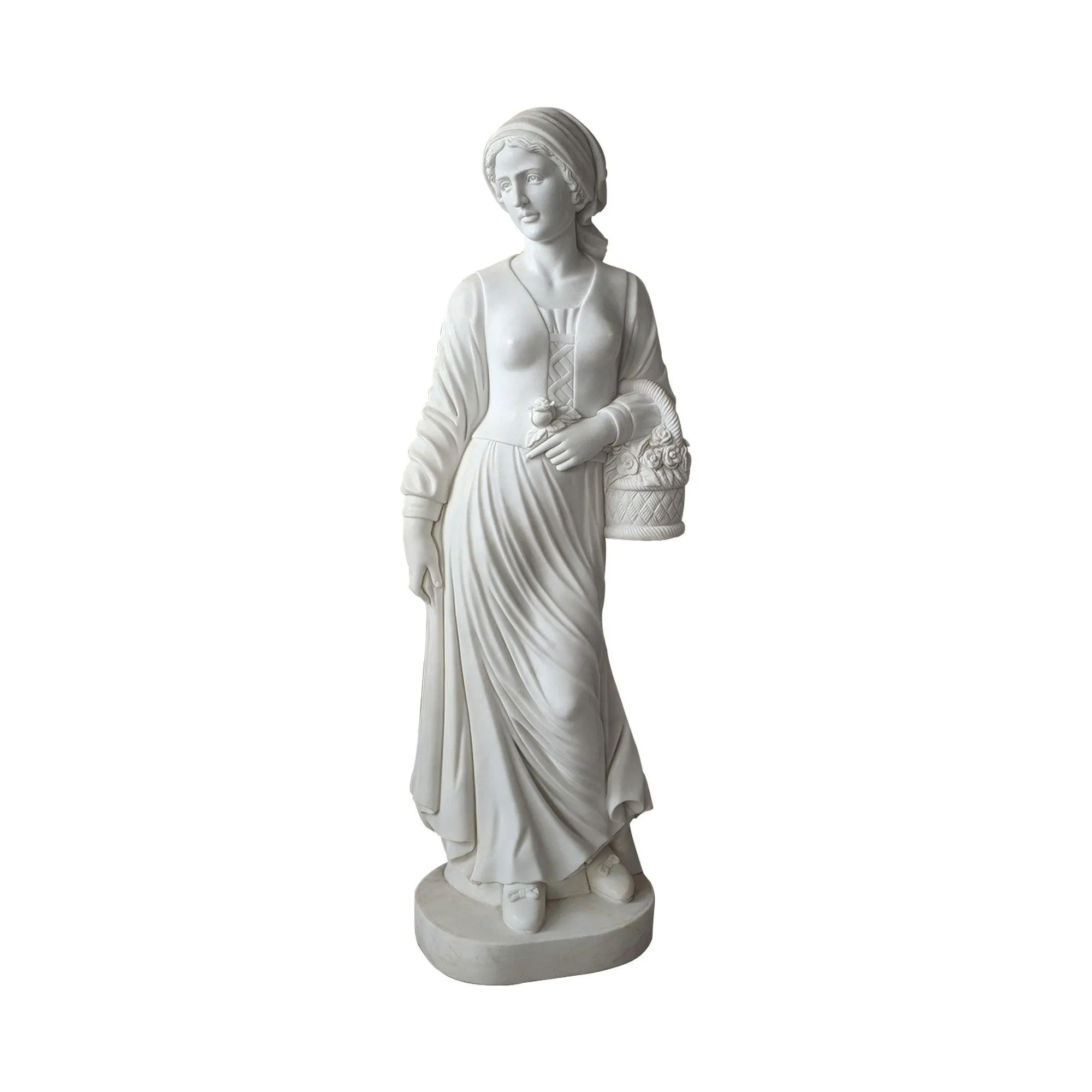 FINEST Young Woman With Flower Basket On Hand Marble Statue FM-026