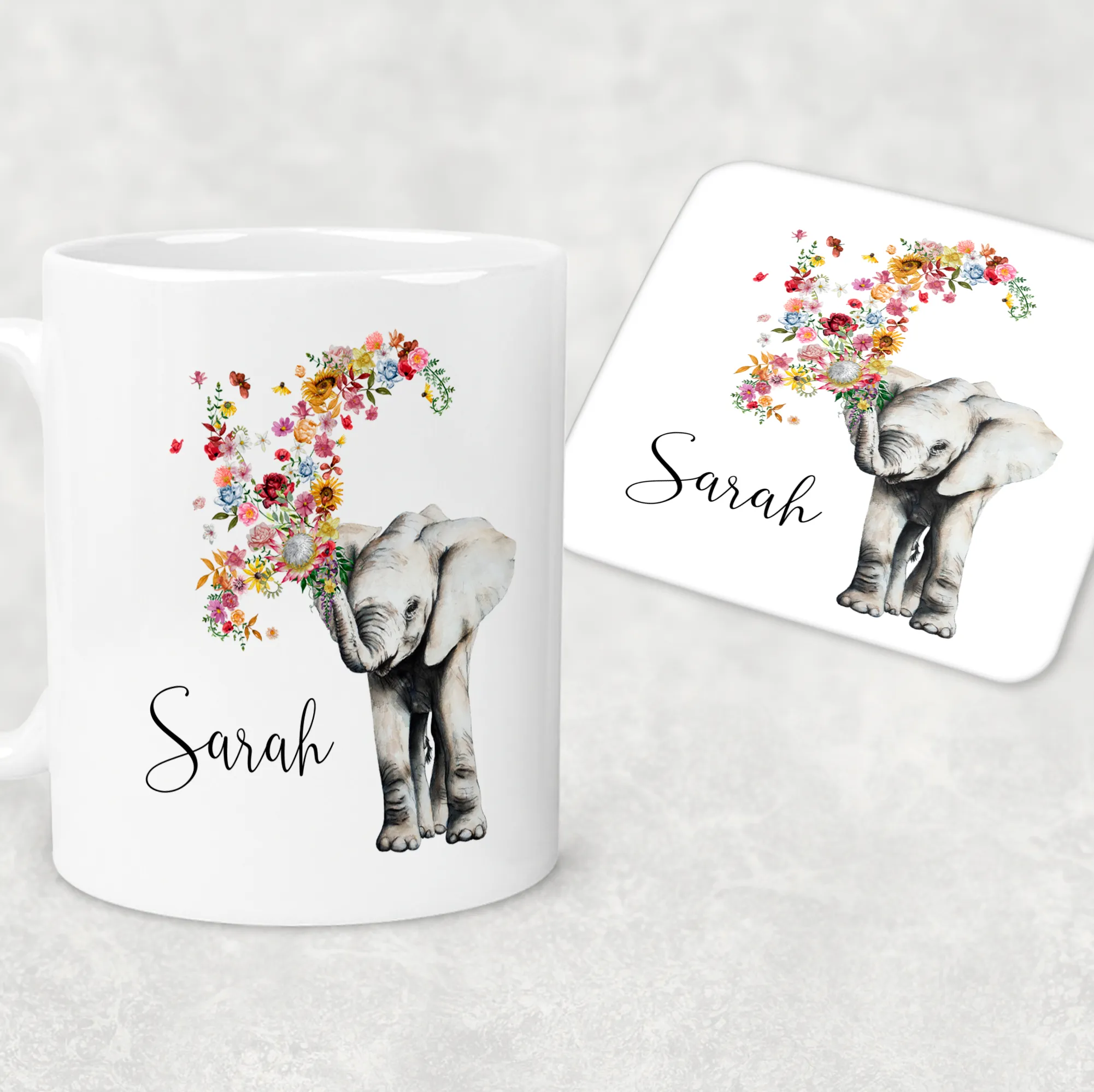 Floral Elephant Personalised Mug & Coaster