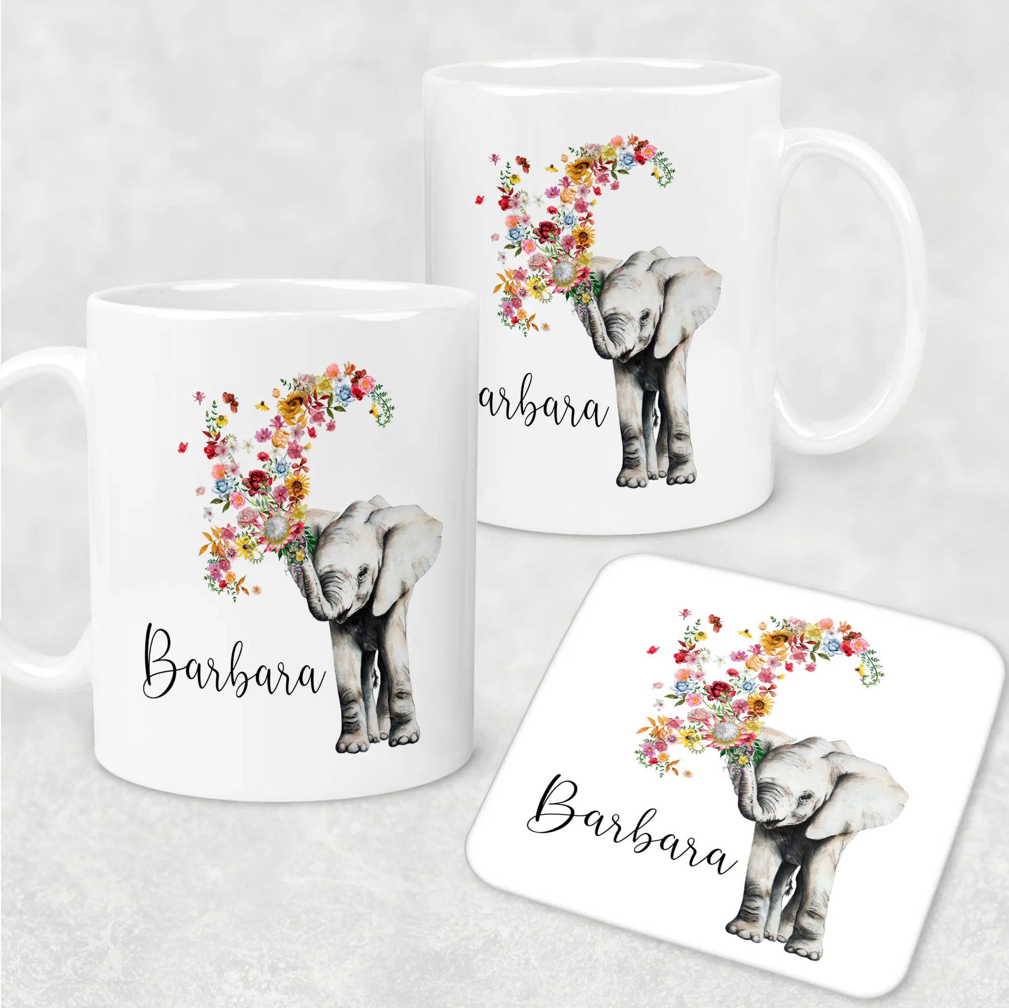 Floral Elephant Personalised Mug & Coaster