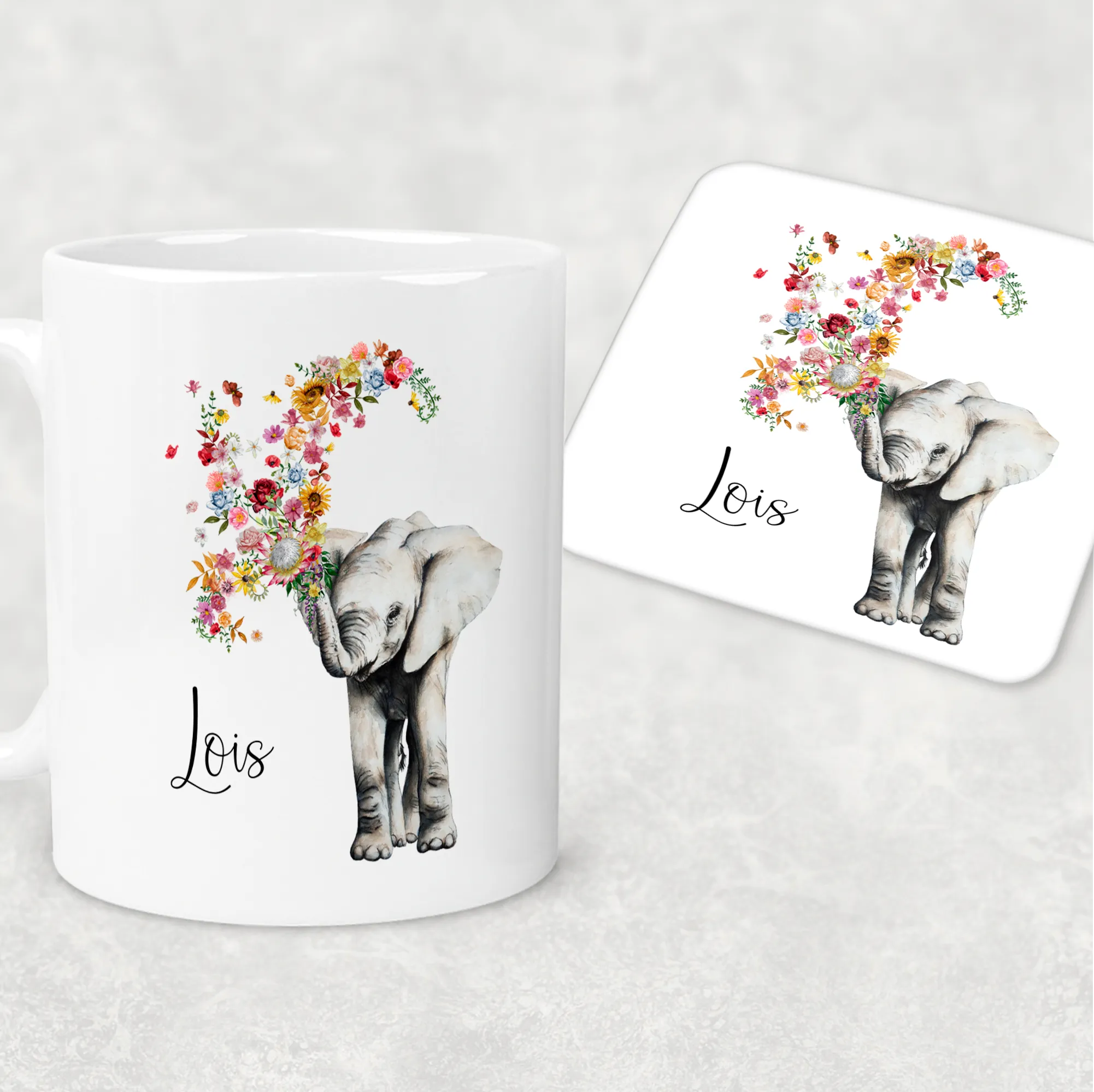 Floral Elephant Personalised Mug & Coaster