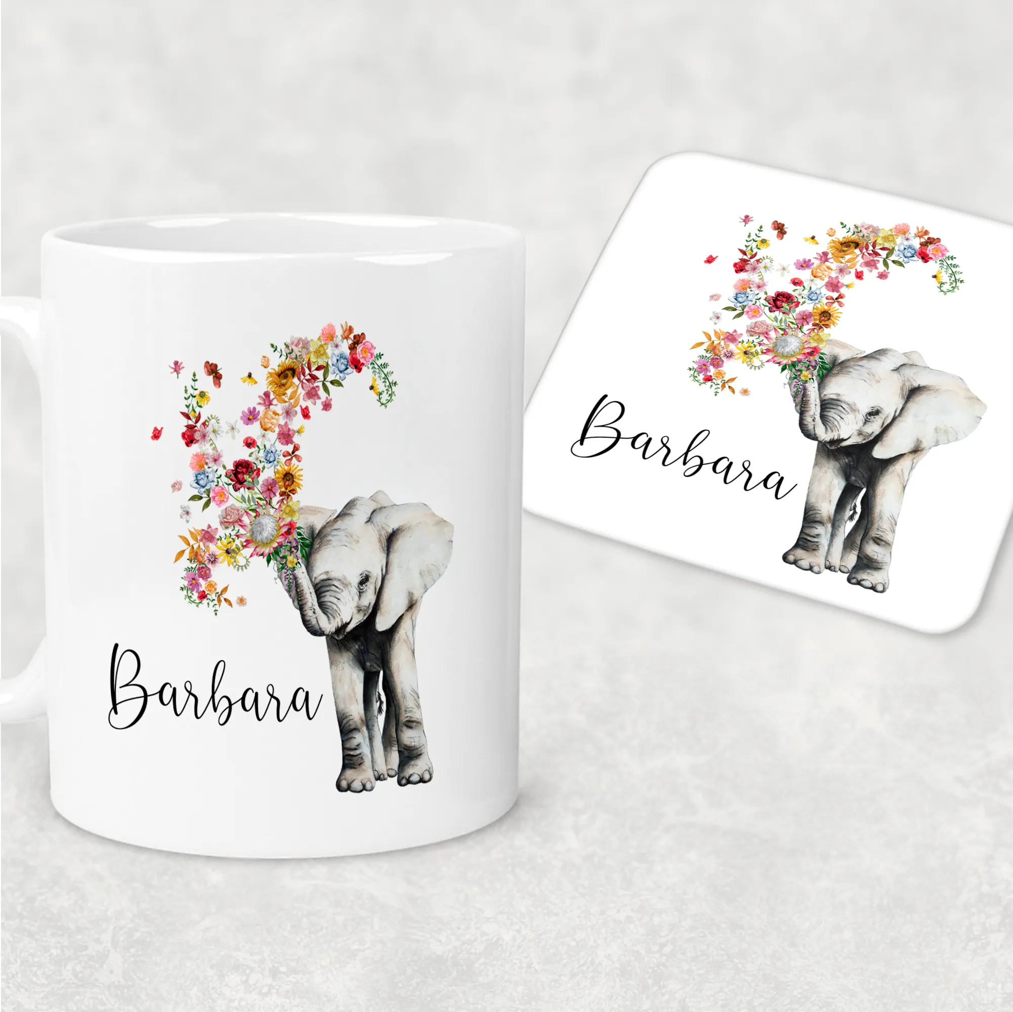 Floral Elephant Personalised Mug & Coaster