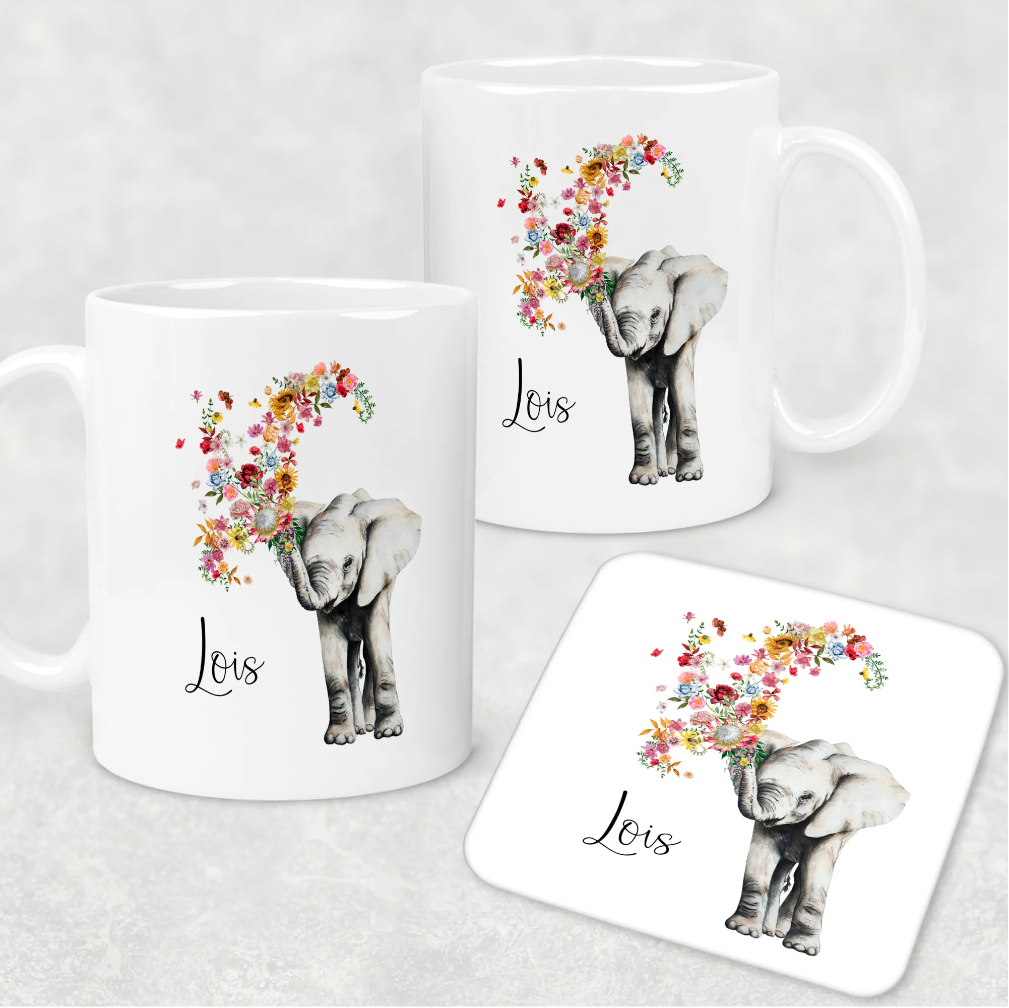 Floral Elephant Personalised Mug & Coaster