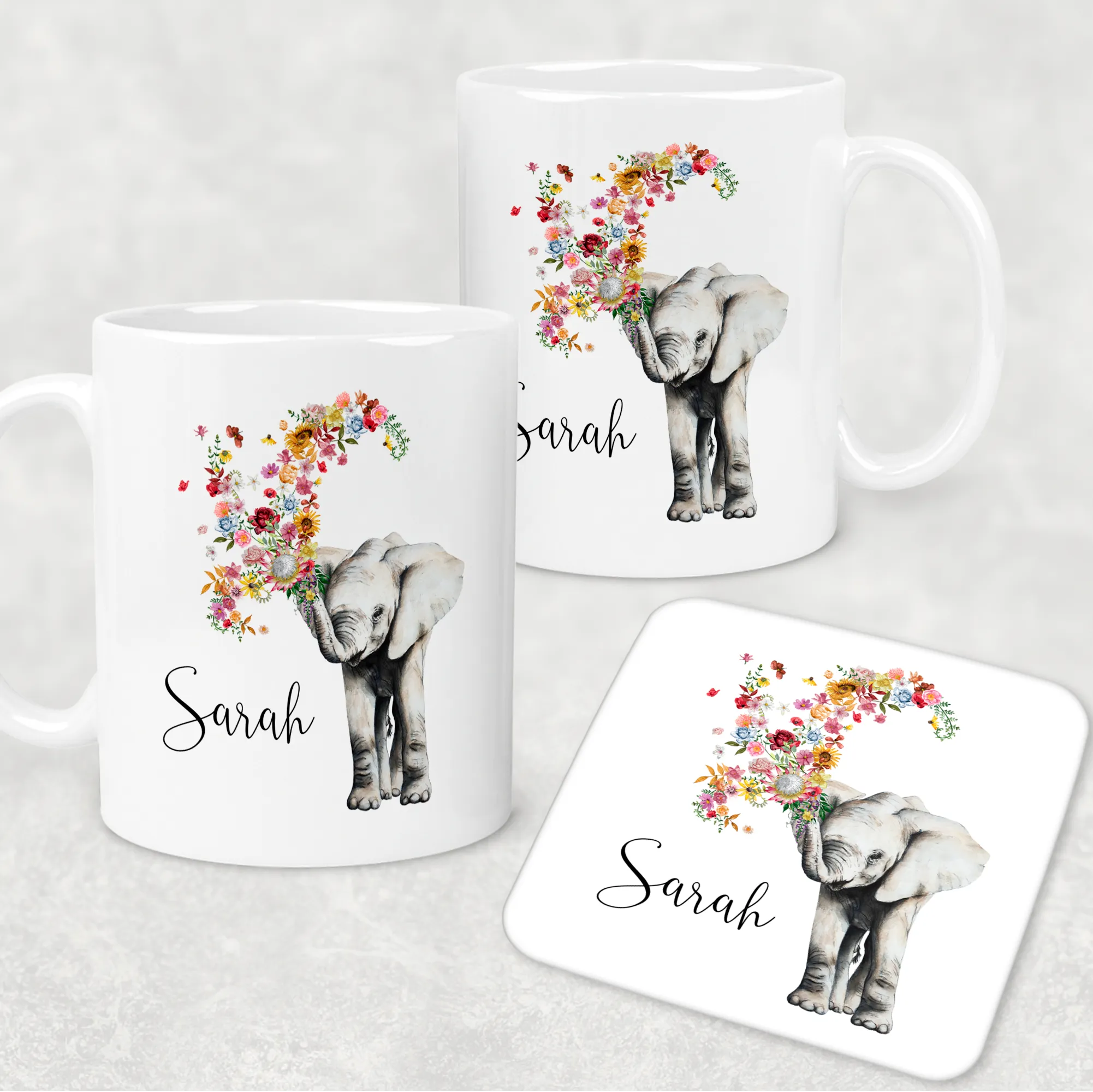 Floral Elephant Personalised Mug & Coaster