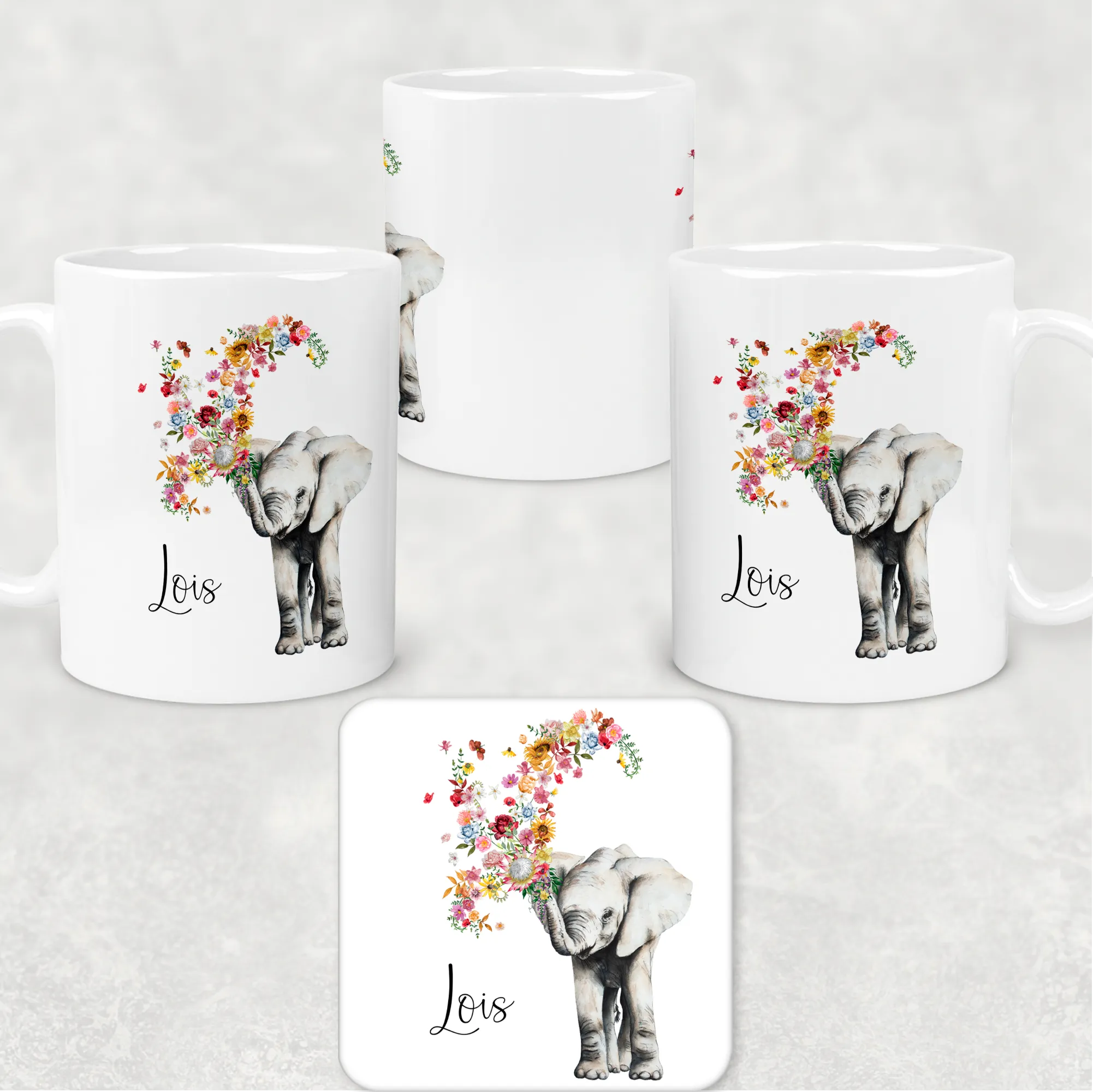 Floral Elephant Personalised Mug & Coaster