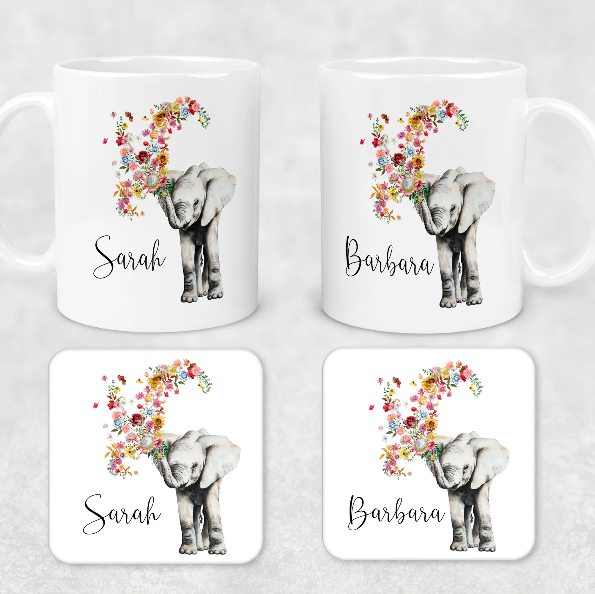 Floral Elephant Personalised Mug & Coaster