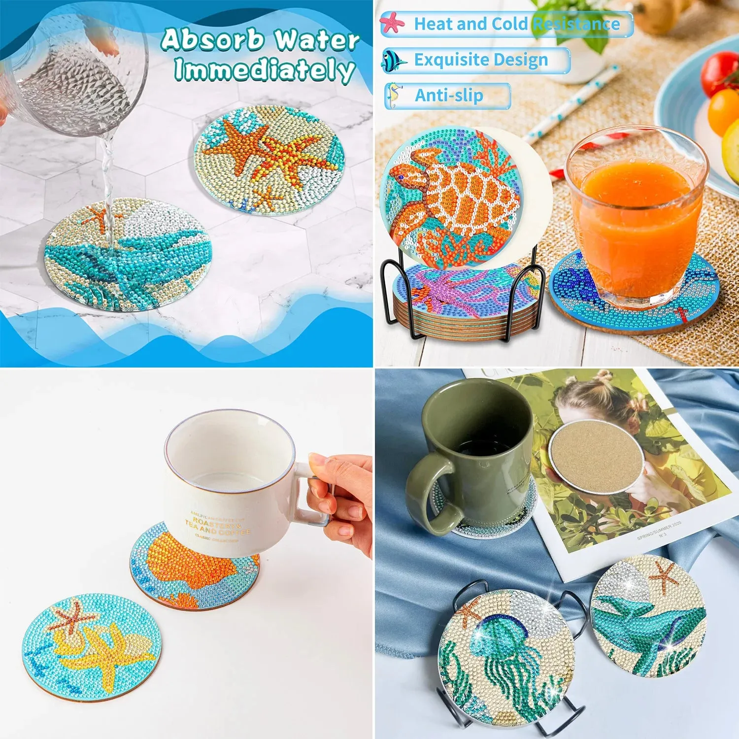 Flower Diamond Painting Coasters Kits with Holder 6pc/sets