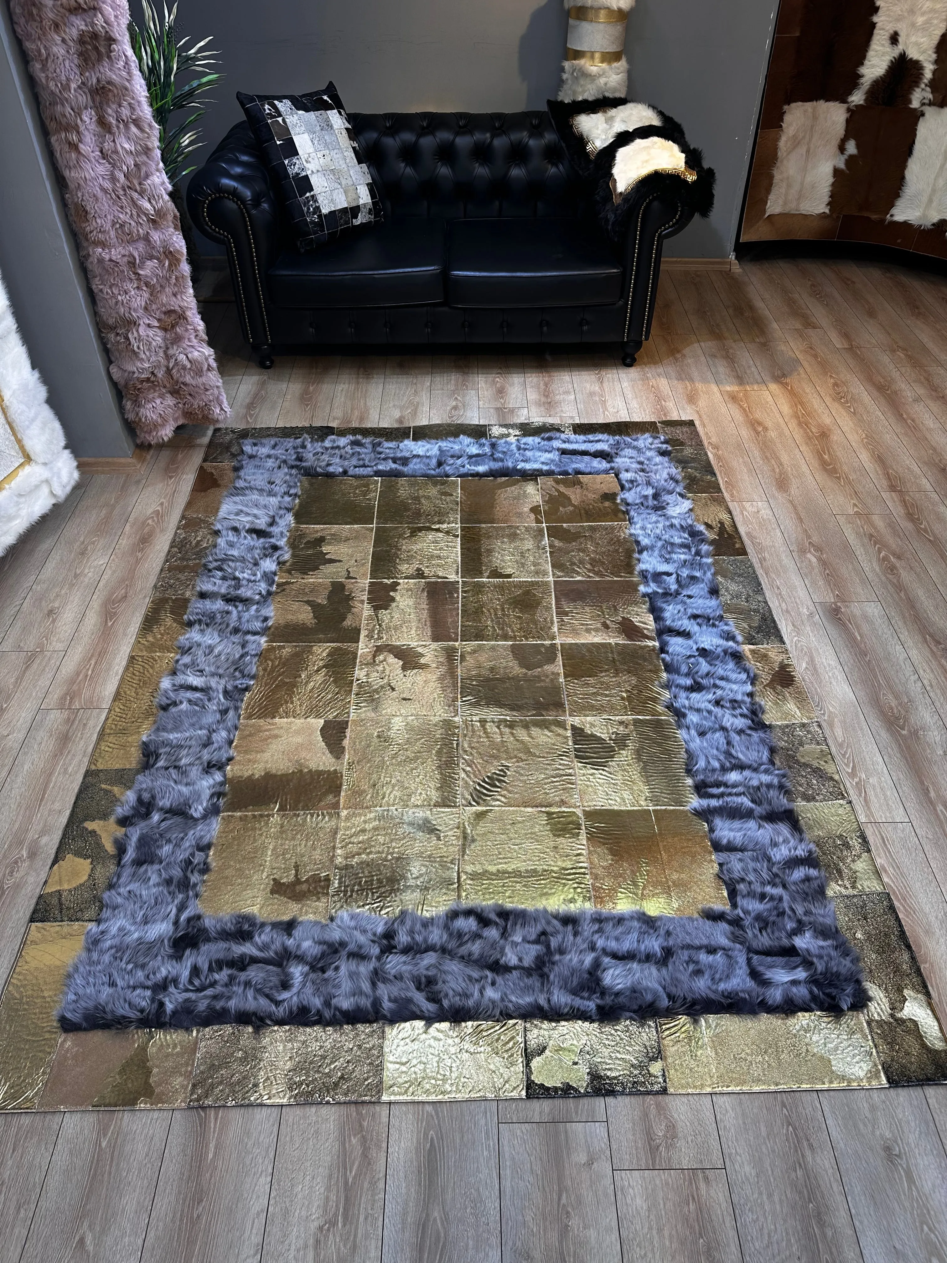 Gray and Gold Natural Sheep Leather Area Rug, Handmade Luxury Carpet