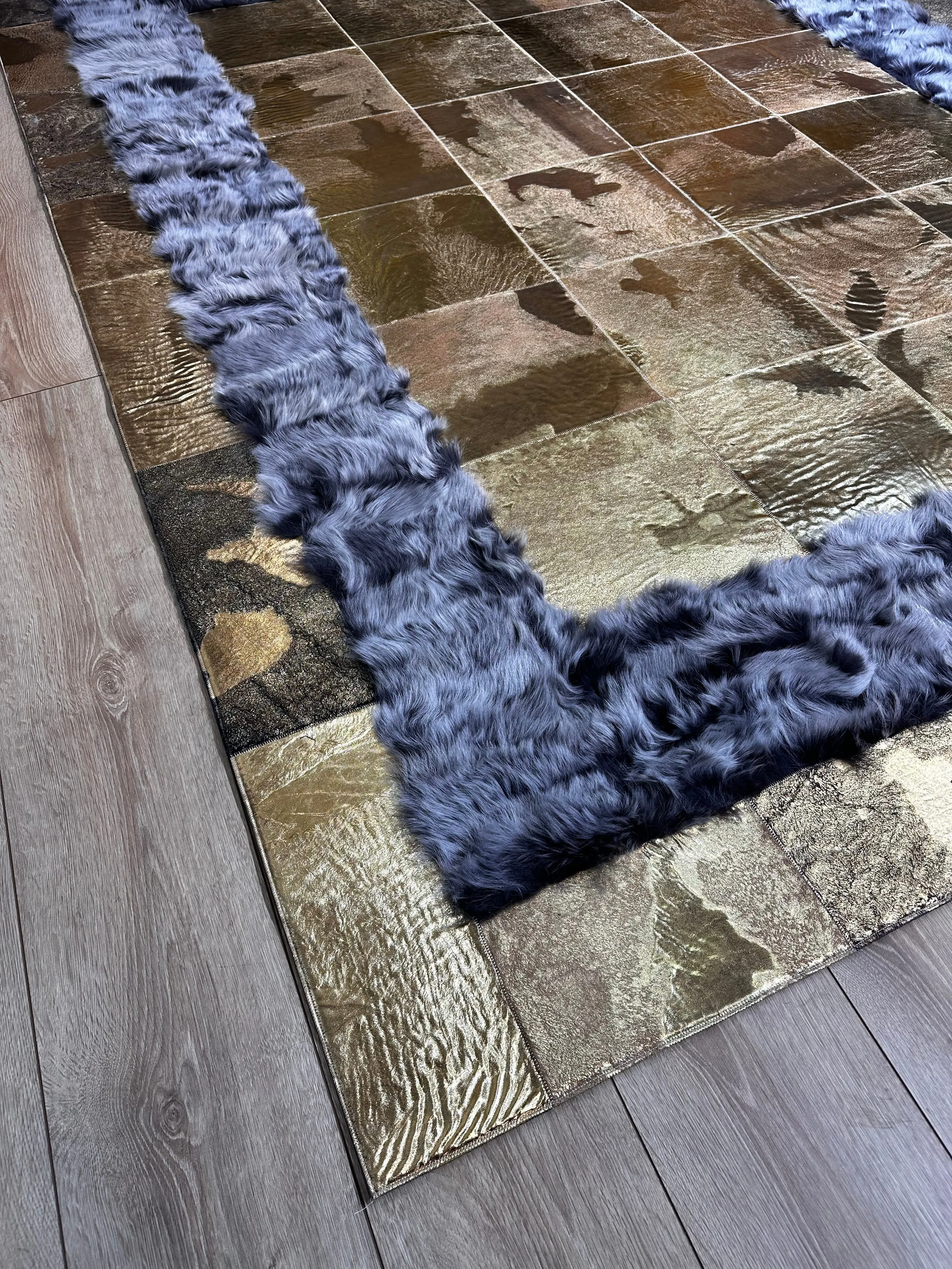 Gray and Gold Natural Sheep Leather Area Rug, Handmade Luxury Carpet